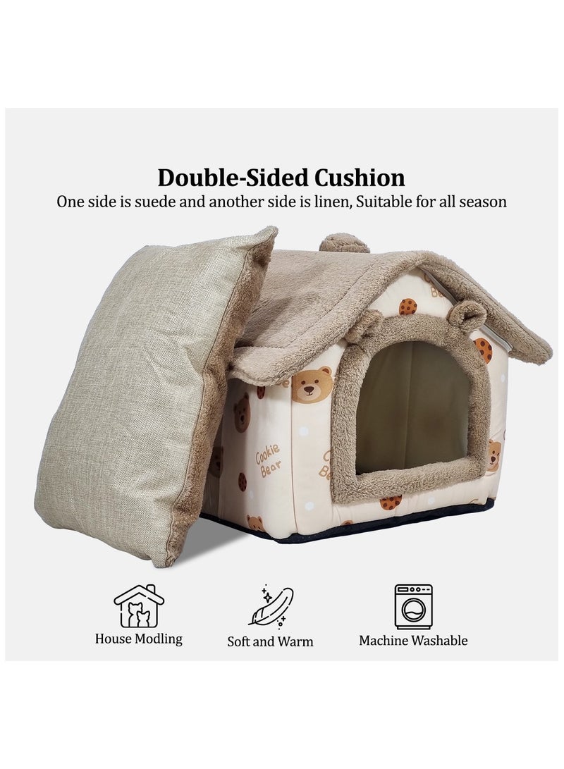 Cat house bed for small and medium-sized pets, Comfortable cat shelter with Removable cushion, Zipper, and Anti-slip bottom, Suitable for indoor cats 45 cm (Brown)