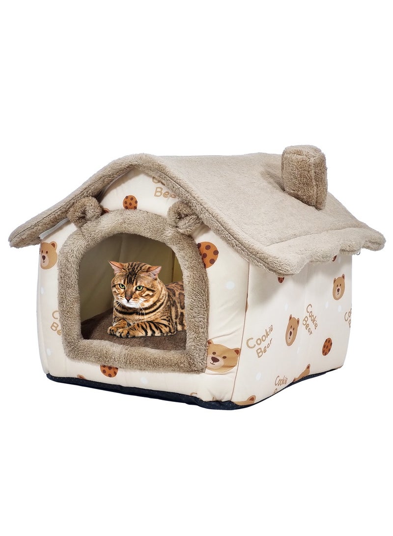 Cat house bed for small and medium-sized pets, Comfortable cat shelter with Removable cushion, Zipper, and Anti-slip bottom, Suitable for indoor cats 45 cm (Brown)