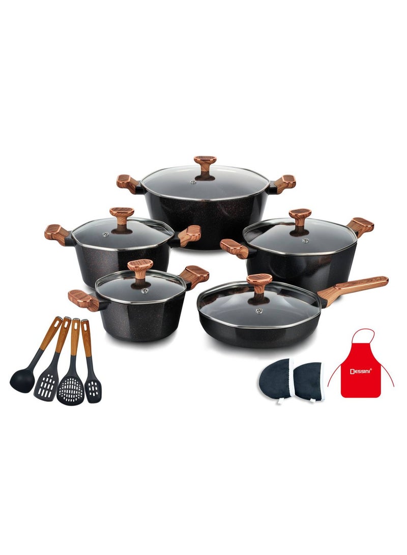 17-Piece Non Stick Granite Cookware Set 20/24/28/32Cm Casserole, 28Cm Shallow Casserole- PFOA Free - 2010 black