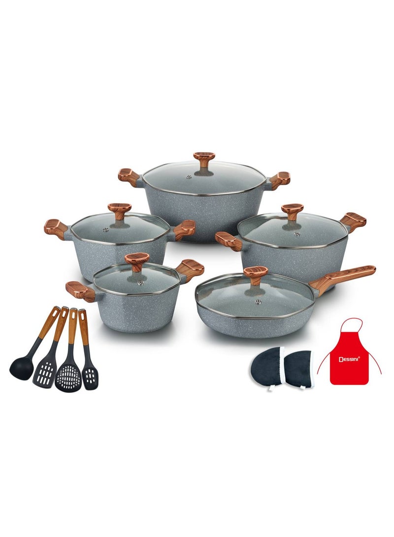 17-Piece Non Stick Granite Cookware Set 20/24/28/32Cm Casserole, 28Cm Shallow Casserole- PFOA Free 2010 - grey