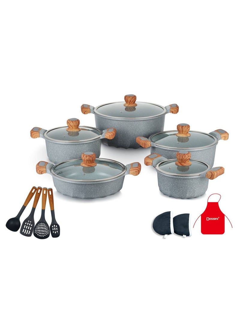 17-Piece Non Stick Granite Cookware Set 20/24/28/32Cm Casserole, 28Cm Shallow Casserole- PFOA Free 2020 - grey