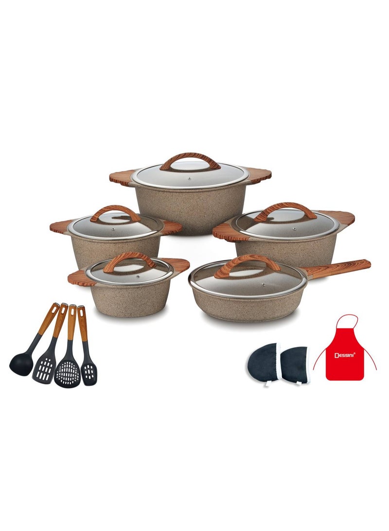 17-Piece Non Stick Granite Cookware Set 20/24/28/32Cm Casserole, 28Cm Shallow Casserole- PFOA Free - 2030 beige