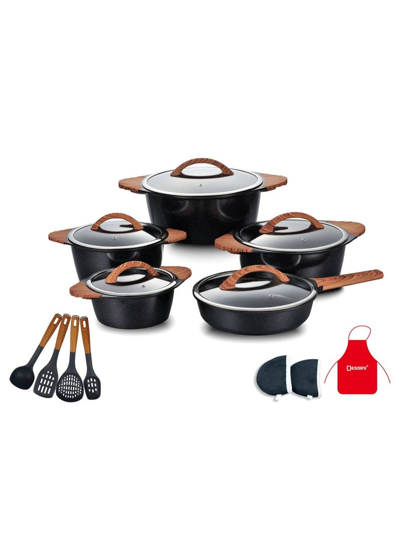 17-Piece Non Stick Granite Cookware Set 20/24/28/32Cm Casserole, 28Cm Shallow Casserole- PFOA Free - 2030 black