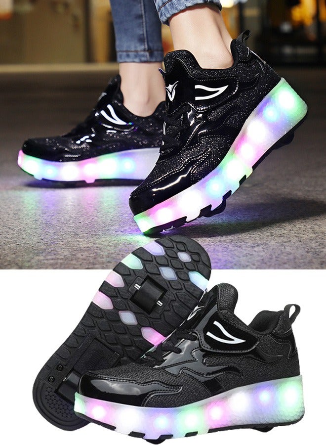 Kids Roller Skates Shoes with Lights Kids Skates Sneakers LED Light Up Rechargeable Wheels Shoes with Lights Outdoor Slip On Roller Skates Shoes Sneakers for Beginners Gift (C)