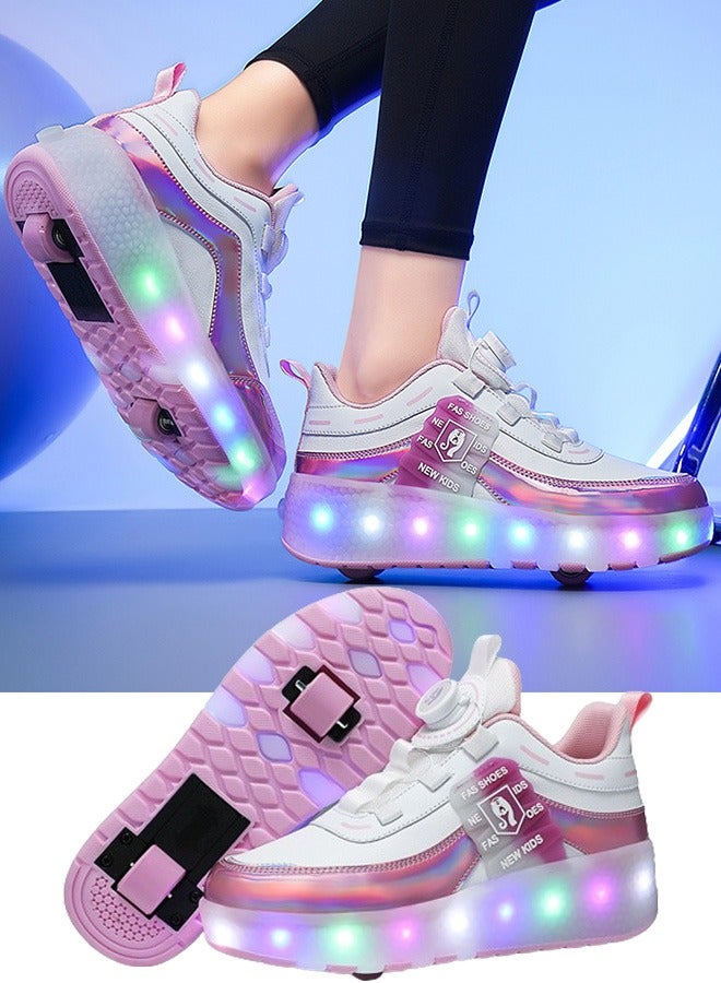 Kids Roller Skates Shoes with Lights Kids Skates Sneakers LED Light Up Rechargeable Wheels Shoes with Lights Outdoor Slip On Roller Skates Shoes Sneakers for Beginners Gift (F)