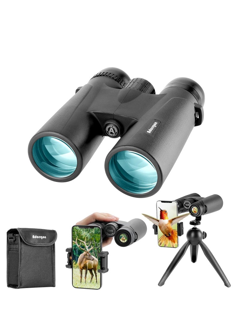 Adorrgon 12x42 HD Binoculars for Adults High Powered with Phone Adapter, Tripod and Tripod Adapter - Large View Binoculars with Clear Low Light Vision - Binoculars for Bird Watching Cruise Travel