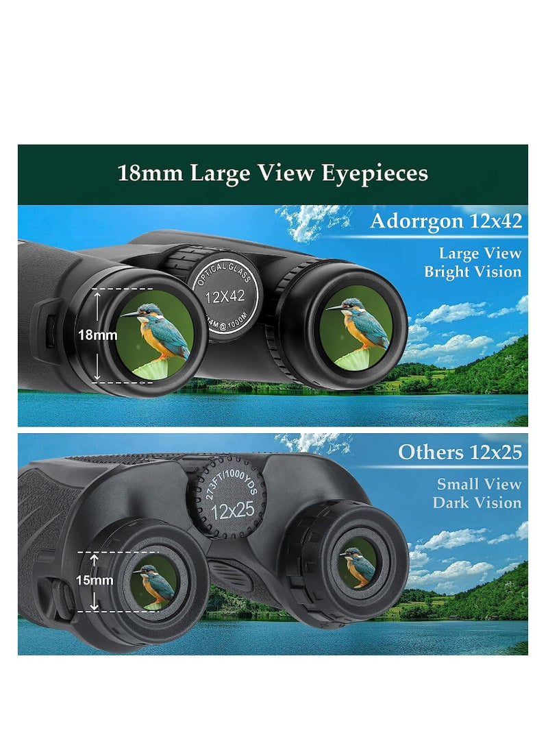 Adorrgon 12x42 HD Binoculars for Adults High Powered with Phone Adapter, Tripod and Tripod Adapter - Large View Binoculars with Clear Low Light Vision - Binoculars for Bird Watching Cruise Travel