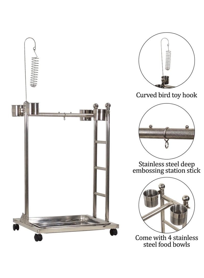 Stainless steel parrot stand with Toy hook, Feeding bowls, Removable tray, Climbing ladder, and Universal wheels, Bird Play stand suitable for medium and large parrots 126 cm (Silver)