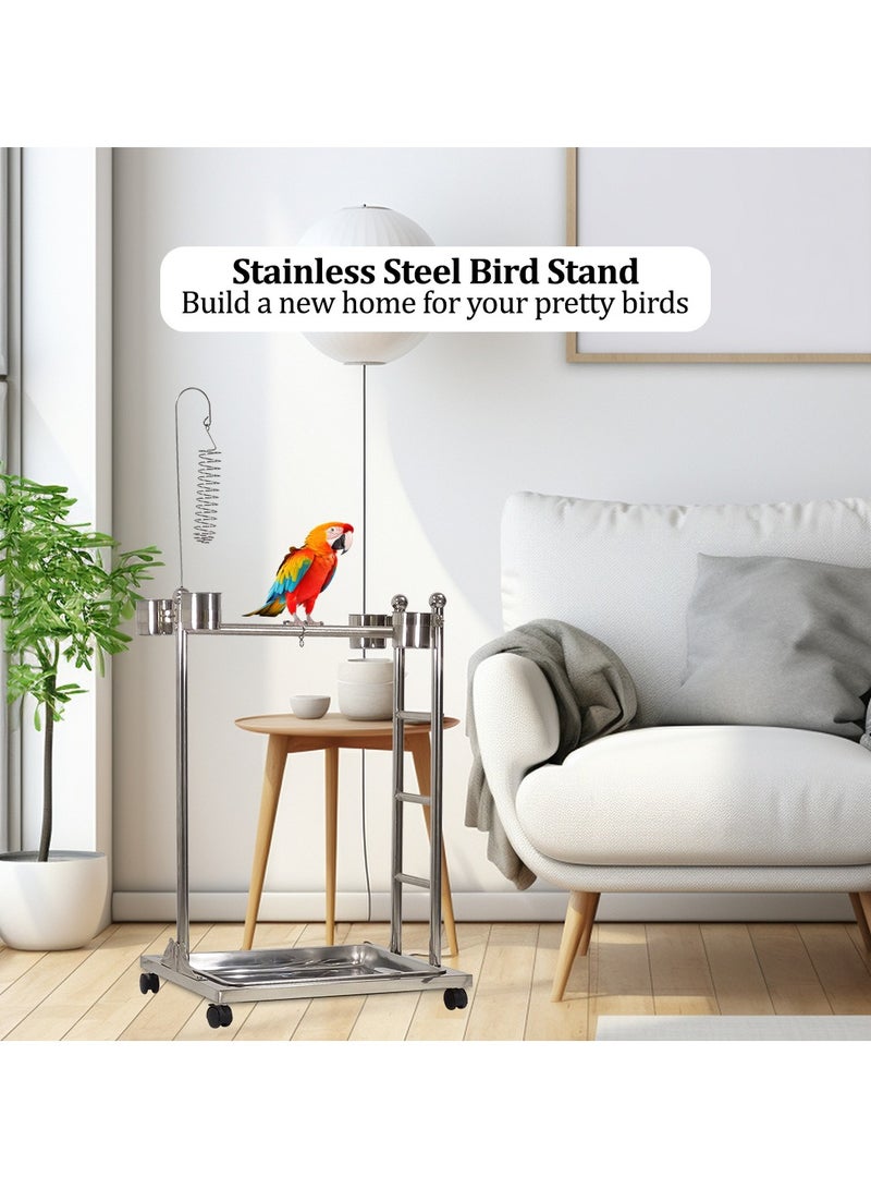 Stainless steel parrot stand with Toy hook, Feeding bowls, Removable tray, Climbing ladder, and Universal wheels, Bird Play stand suitable for medium and large parrots 126 cm (Silver)