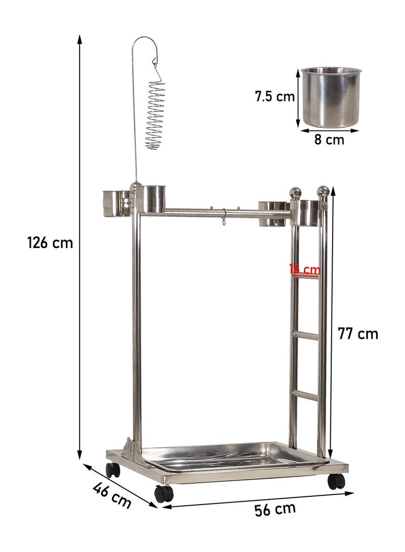 Stainless steel parrot stand with Toy hook, Feeding bowls, Removable tray, Climbing ladder, and Universal wheels, Bird Play stand suitable for medium and large parrots 126 cm (Silver)