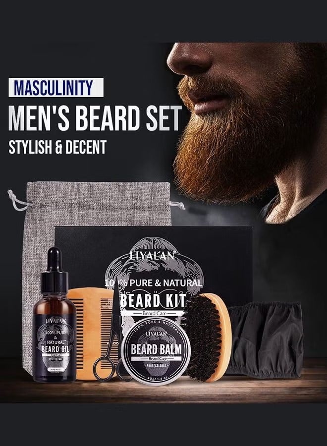 Beard Kit For Men Grooming & Care W/Beard Wash/Shampoo - Beard Growth Oil,Beard Balm Leave-in Conditioner,Beard Comb,Beard Brush,Beard Scissor -100% Pure & Organic Beard Growth Kit(7 Packs/ Set)