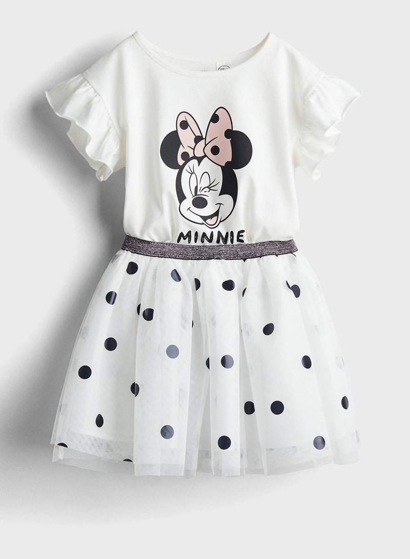 Kids Minnie Mouse Printed T-Shirt & Skirt Set