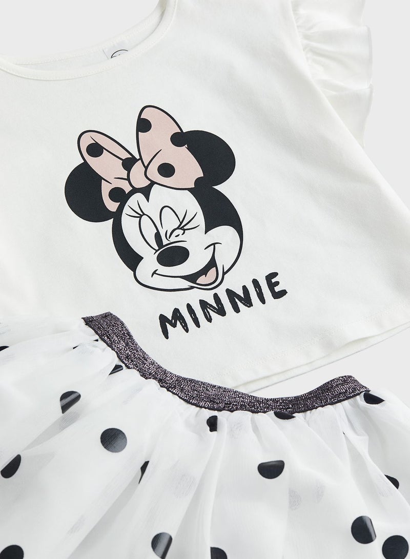 Kids Minnie Mouse Printed T-Shirt & Skirt Set