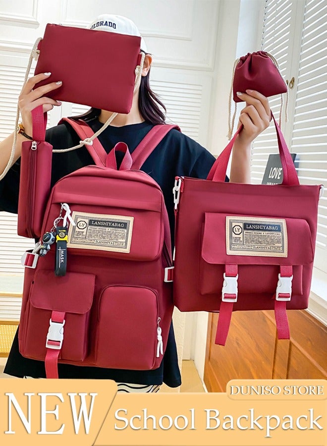 5PCS Kids School Backpack Set Canvas Laptop School Bag Sets for Kids with Tote Bag,Shoulder Bag,Pencil Box,Small Bag ,Large-capacity Bookbag for Girls Boys Back to School Supplies