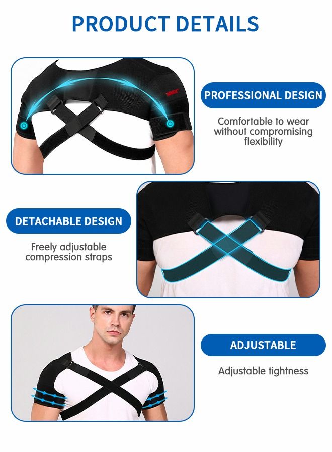 Double Shoulder Support Strap Wrap, Shoulder Brace Two-Way Adjustable Pressurized for Shoulder Stability and Recovery, Fits Left and Right Shoulder Outdoor Hiking Lifting Sports