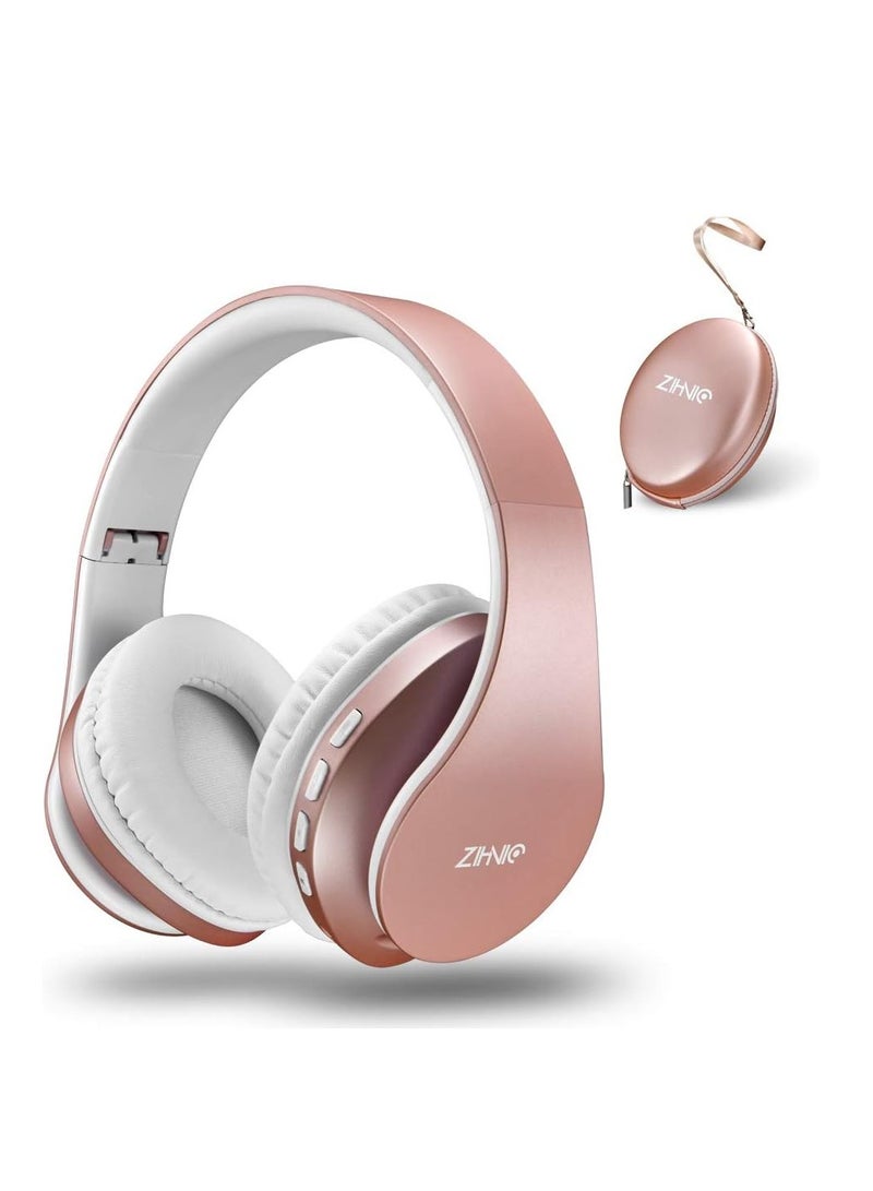 ZIHNIC Bluetooth Headphones Over-Ear, Foldable Wireless and Wired Stereo Headset Micro SD/TF, FM for Cell Phone,PC,Soft Earmuffs &Light Weight for Prolonged Wearing(Rose Gold)