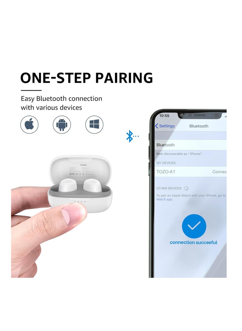 TOZO A1 Mini Wireless Earbuds Bluetooth 5.3 in Ear Light-Weight Headphones Built-in Microphone, IPX5 Waterproof, Immersive Premium Sound Long Distance Connection Headset with Charging Case, White