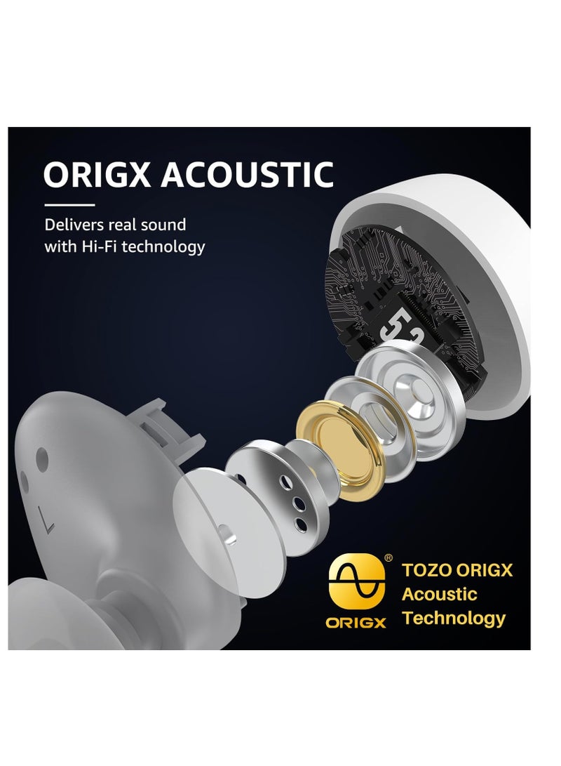 TOZO A1 Mini Wireless Earbuds Bluetooth 5.3 in Ear Light-Weight Headphones Built-in Microphone, IPX5 Waterproof, Immersive Premium Sound Long Distance Connection Headset with Charging Case, White