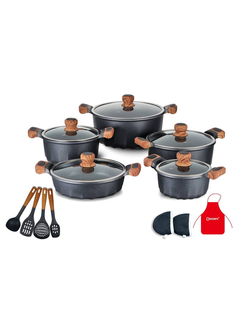 17-Piece Non Stick Granite Cookware Set 20/24/28/32Cm Casserole, 28Cm Shallow Casserole- PFOA Free - 2020 dark grey