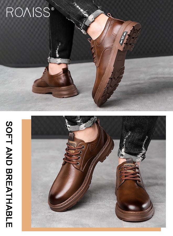 Men's Round Toe Two Layers Cowhide Thick Sole, Anti-slip And Wear-resistant Low-cut Lace-up Casual Leather Shoes