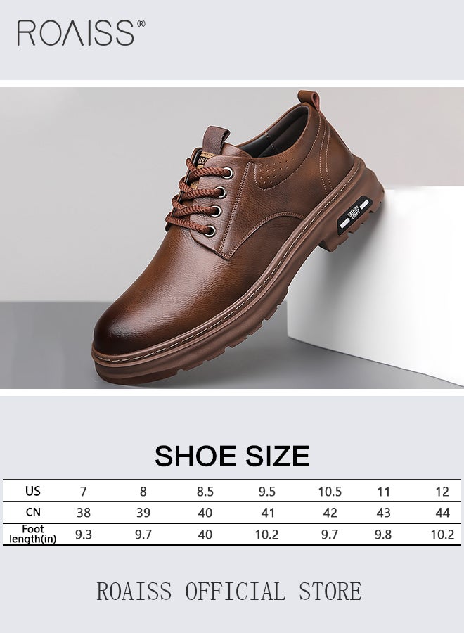 Men's Round Toe Two Layers Cowhide Thick Sole, Anti-slip And Wear-resistant Low-cut Lace-up Casual Leather Shoes