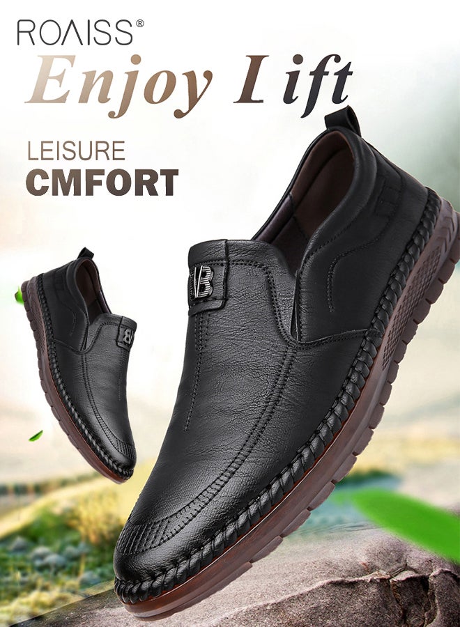 Casual Slip-On Flat Shoes for Men Round Toe Low Top Stitch Decor Soft Sole Business Leather Shoes Mens Wear Resistant Anti Slip Breathable Comfort Outdoor Walking Shoes