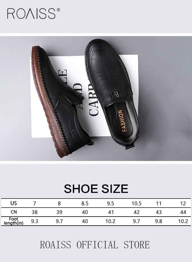 Casual Slip-On Flat Shoes for Men Round Toe Low Top Stitch Decor Soft Sole Business Leather Shoes Mens Wear Resistant Anti Slip Breathable Comfort Outdoor Walking Shoes