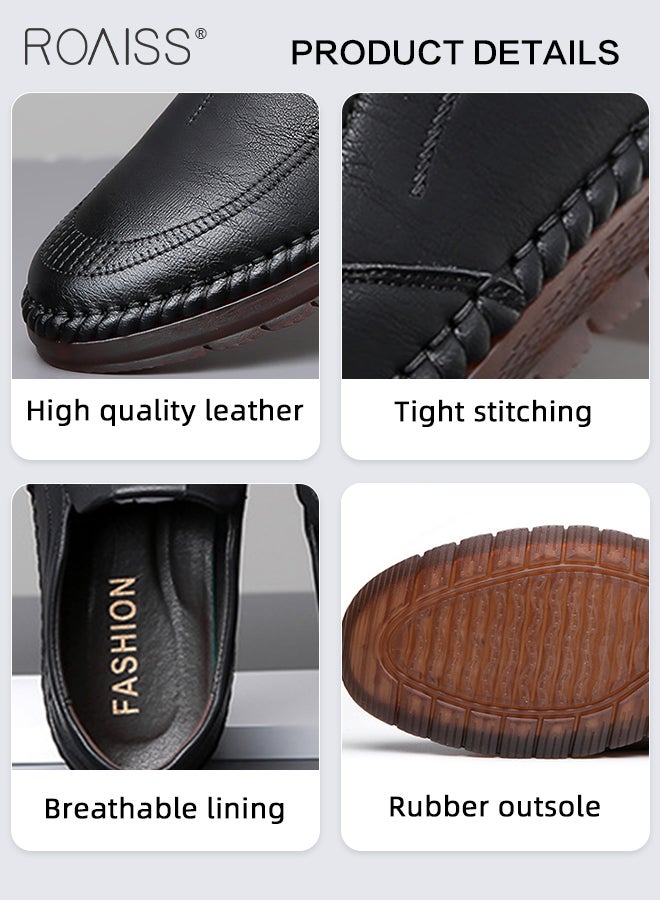 Casual Slip-On Flat Shoes for Men Round Toe Low Top Stitch Decor Soft Sole Business Leather Shoes Mens Wear Resistant Anti Slip Breathable Comfort Outdoor Walking Shoes