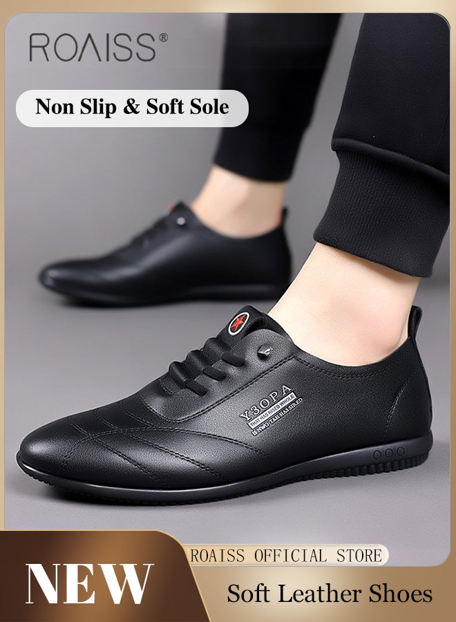 Soft Sole Leather Shoes for Men Letter Pattern Casual Round Toe Low Top Front Lace up Walking Shoes Mens Breathable Comfort Wear Resistant Anti Slip Business Outdoor Shoes