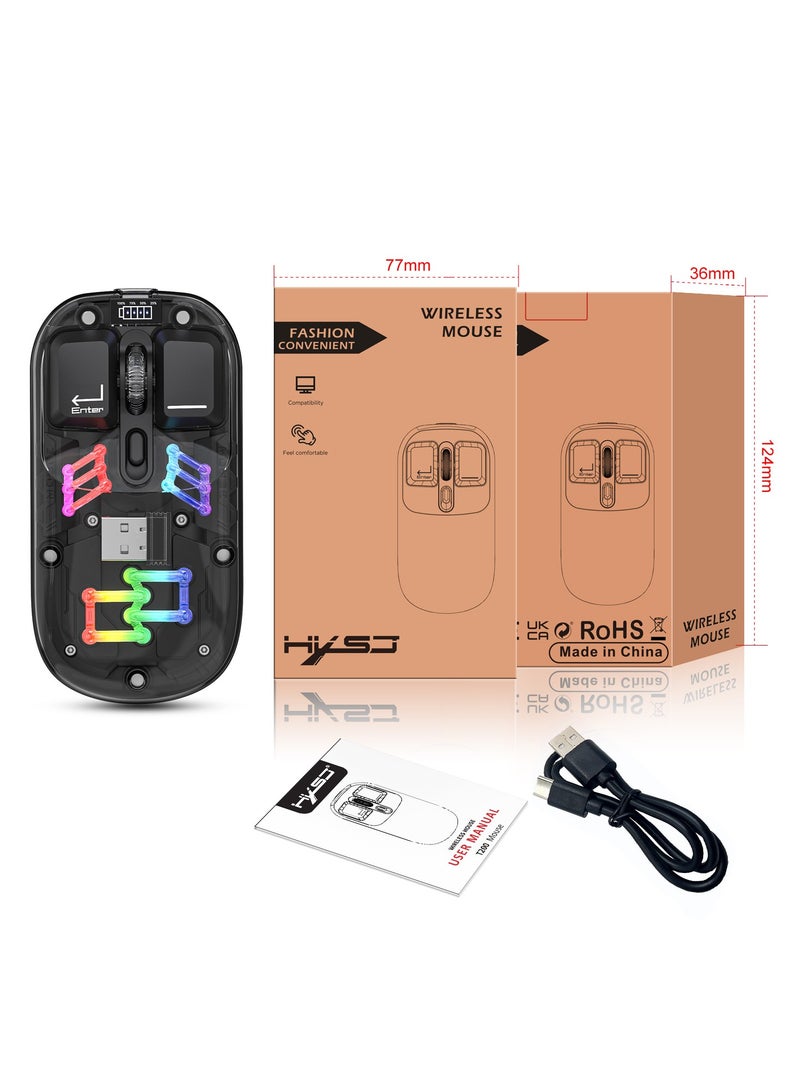 HXSJ T200 dual-mode transparent wireless mouse 2.4G/Bluetooth 5.0 rechargeable mouse magnetic design RGB lighting black