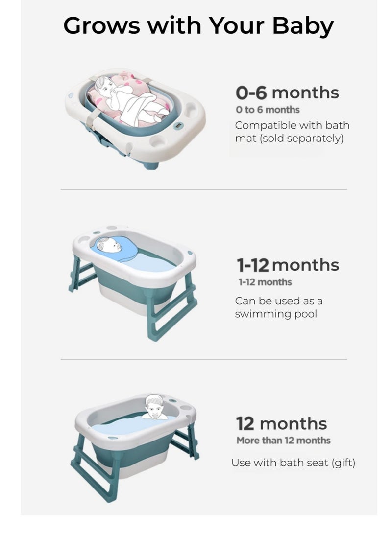 Baby Premium Bath Tub with Seat & Thermometer, Portable Travel Collapsible Baby Bathtub with Drain Hole, Durable Foldable Infant Bathtub Newborn to Toddler