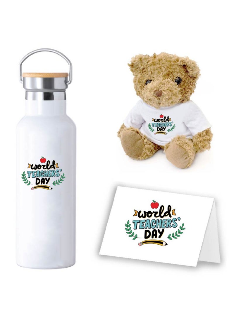 Teacher's Day Pack of 3 Combo Pack - Stainless Steel Bamboo Cap Flask Bottle 600ml, Teddy Bear and Greeting Card - Teacher's Day Gift Set - Gift for World Teachers Day