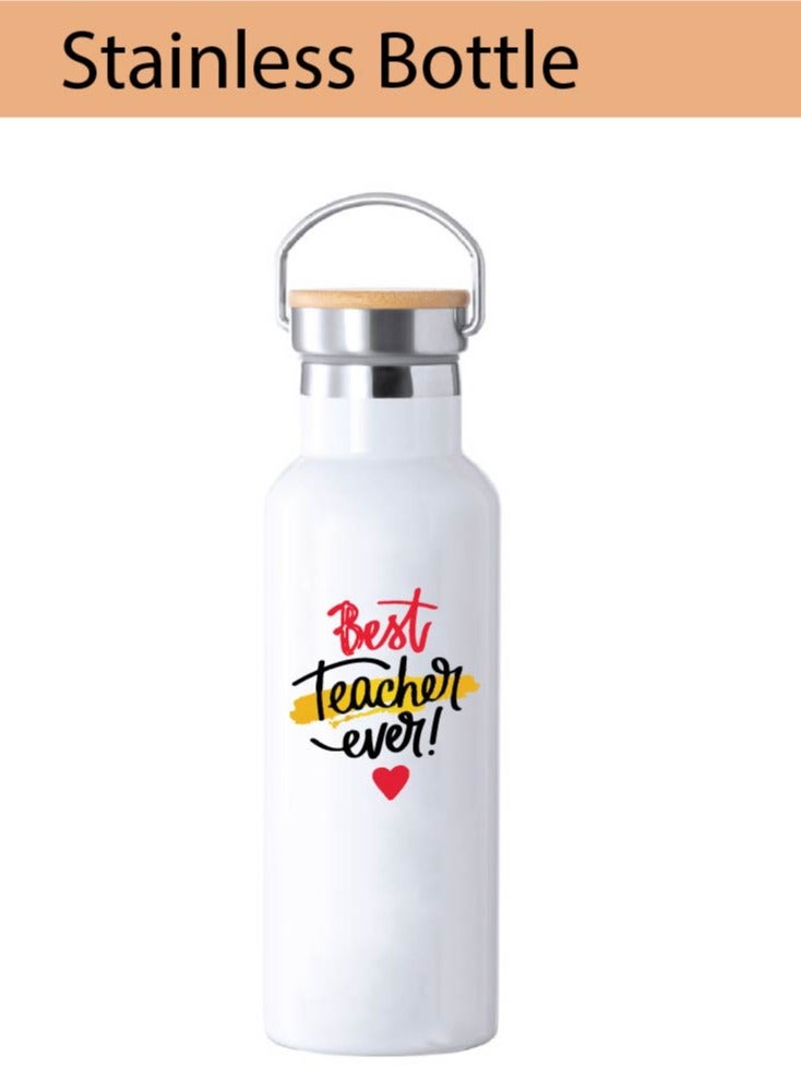 Teacher's Day Pack of 3 Combo Pack - Stainless Steel Bamboo Cap Flask Bottle 600ml, Teddy Bear and Greeting Card - Teacher's Day Gift Set - Gift for World Teachers Day