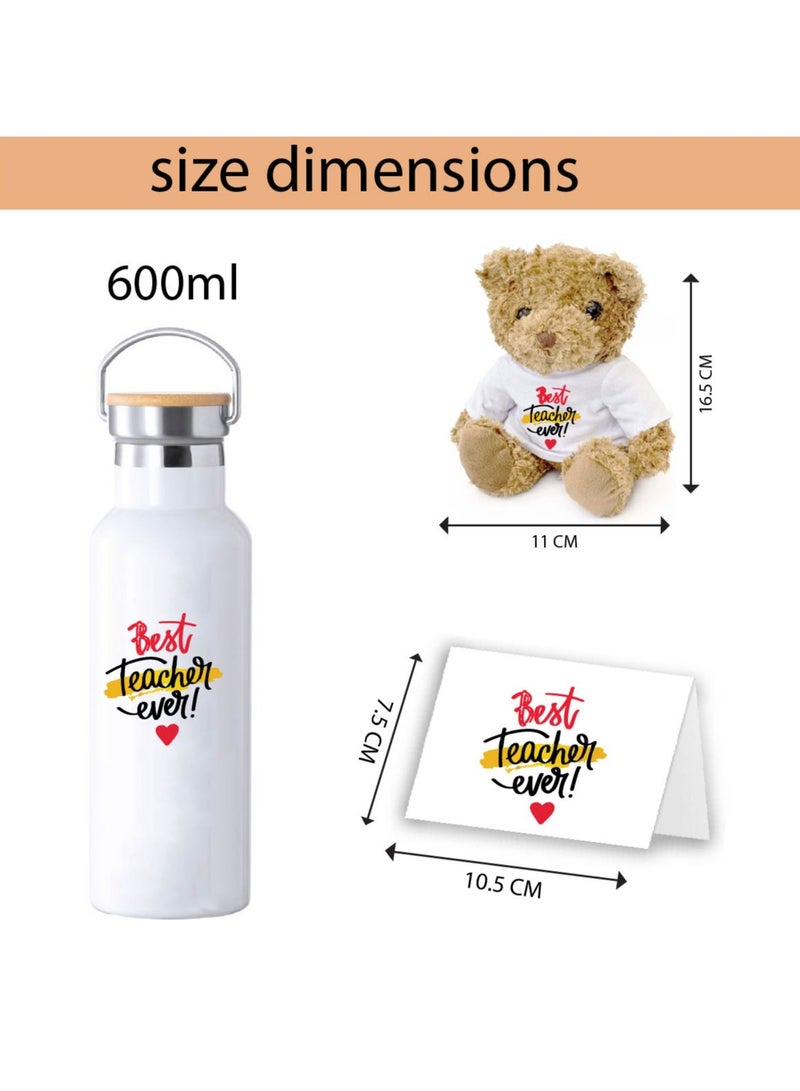 Teacher's Day Pack of 3 Combo Pack - Stainless Steel Bamboo Cap Flask Bottle 600ml, Teddy Bear and Greeting Card - Teacher's Day Gift Set - Gift for World Teachers Day