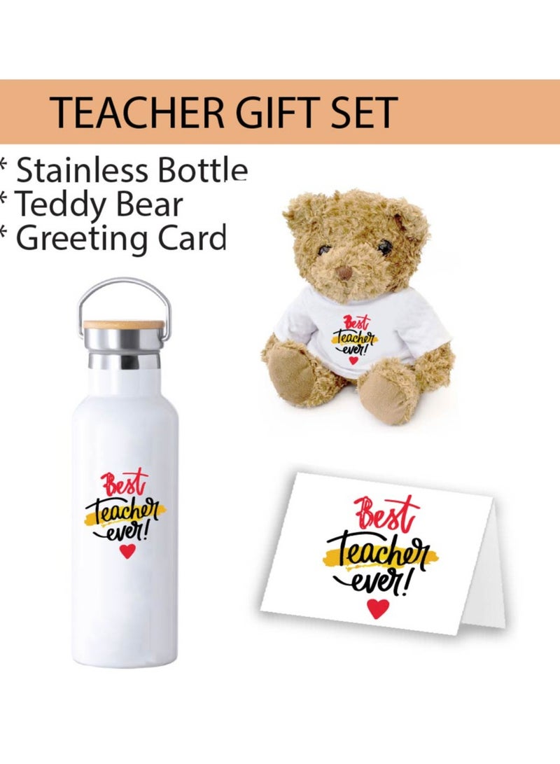 Teacher's Day Pack of 3 Combo Pack - Stainless Steel Bamboo Cap Flask Bottle 600ml, Teddy Bear and Greeting Card - Teacher's Day Gift Set - Gift for World Teachers Day