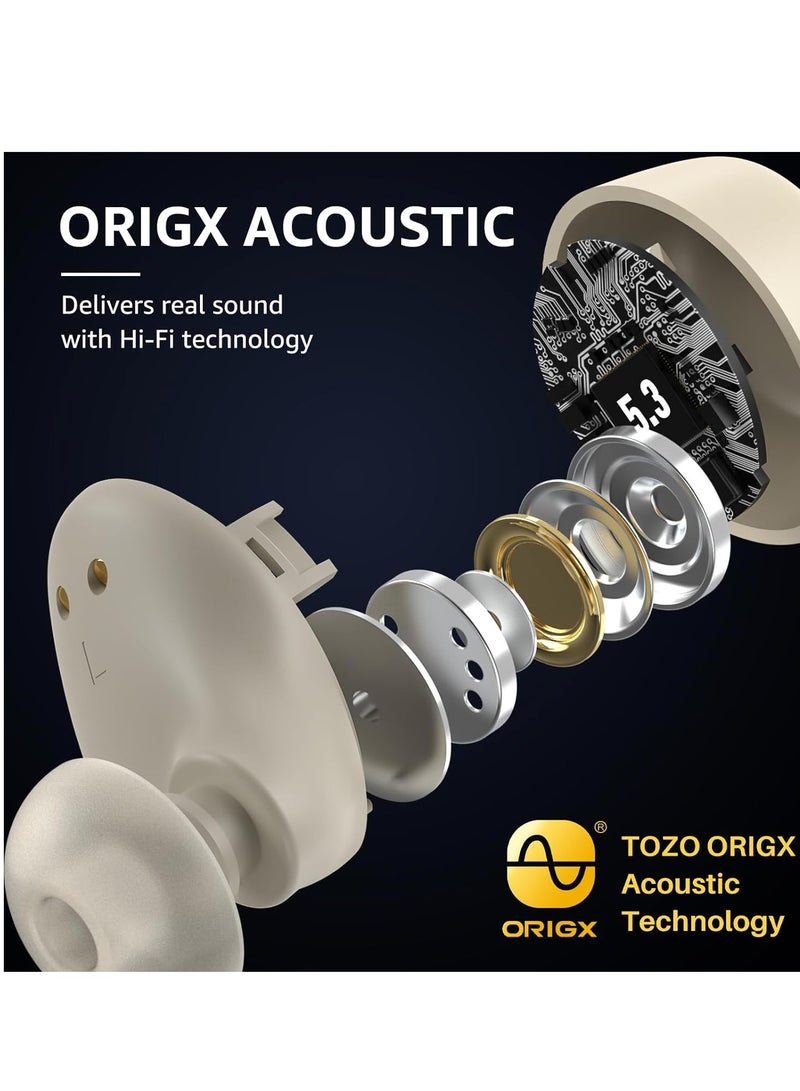 TOZO A1 Mini Wireless Earbuds Bluetooth 5.3 in Ear Light-Weight Headphones Built-in Microphone, IPX5 Waterproof, Immersive Premium Sound Long Distance Connection Headset with Charging Case, Khaki