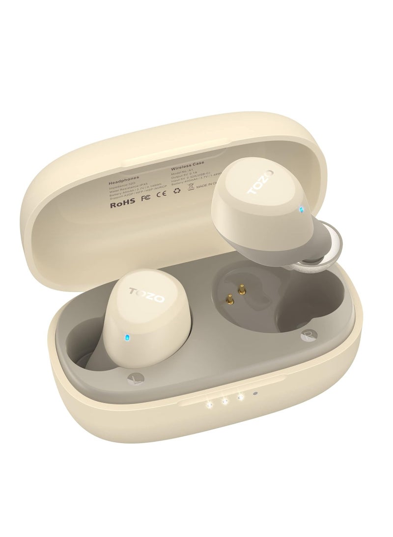 TOZO A1 Mini Wireless Earbuds Bluetooth 5.3 in Ear Light-Weight Headphones Built-in Microphone, IPX5 Waterproof, Immersive Premium Sound Long Distance Connection Headset with Charging Case, Khaki