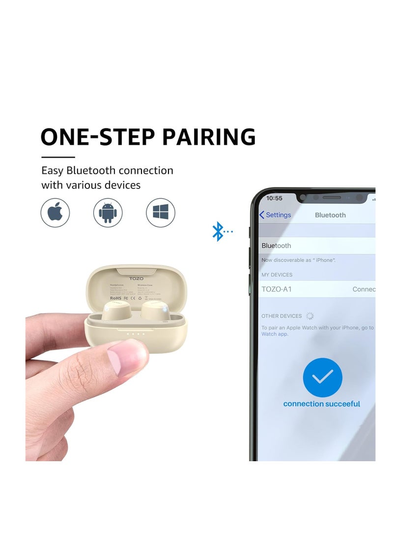 TOZO A1 Mini Wireless Earbuds Bluetooth 5.3 in Ear Light-Weight Headphones Built-in Microphone, IPX5 Waterproof, Immersive Premium Sound Long Distance Connection Headset with Charging Case, Khaki