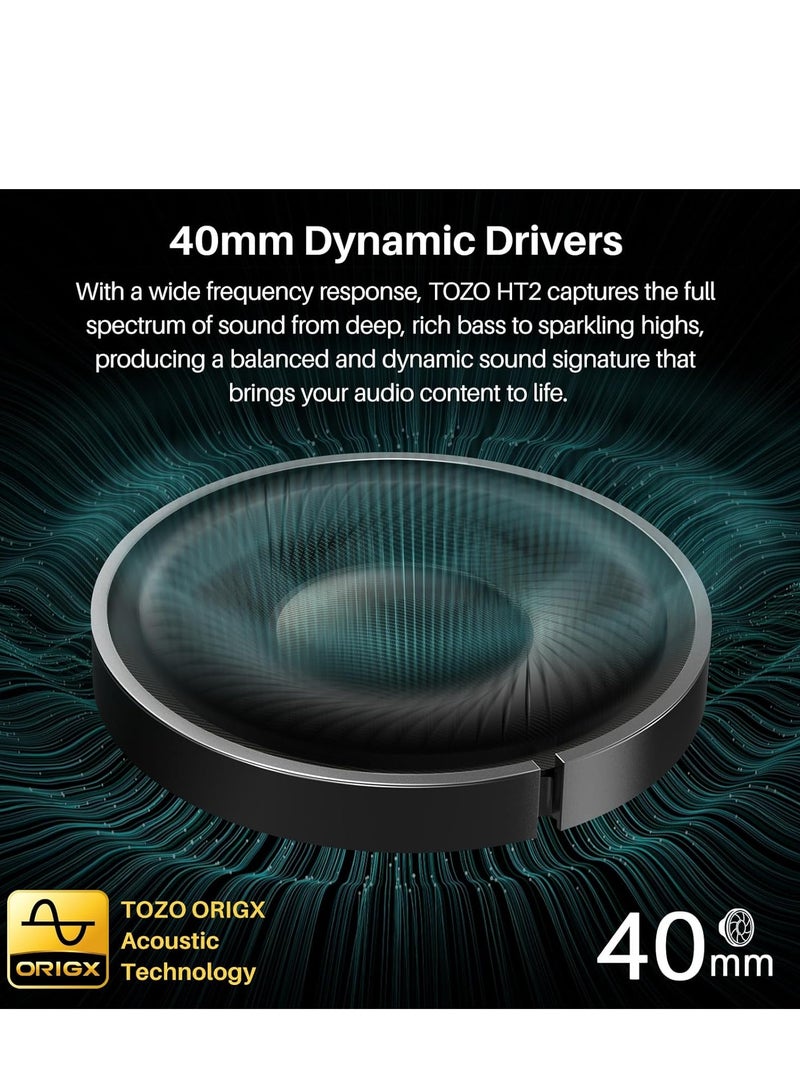 TOZO HT2 Hybrid Active Noise Cancelling Headphones, Wireless Over Ear Bluetooth Headphones, 60H Playtime, Hi-Res Audio Custom EQ via App Deep Bass Comfort Fit Ear Cups, for Home Office Travel
