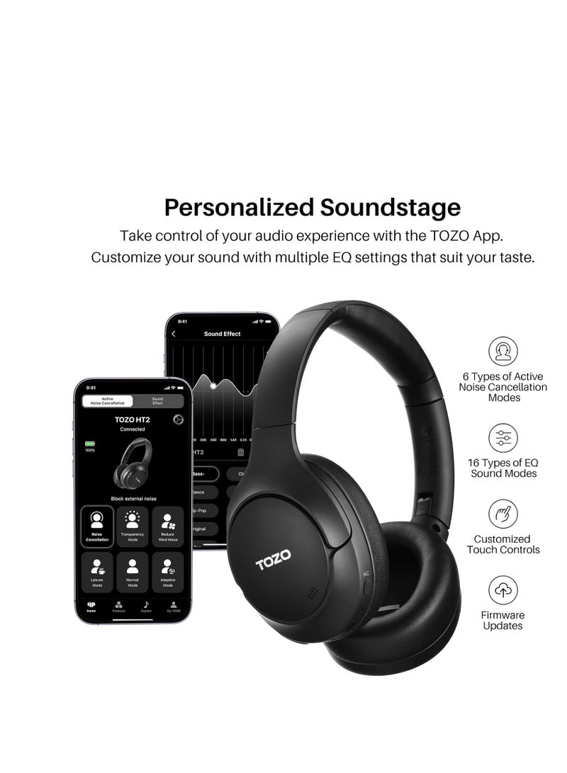 TOZO HT2 Hybrid Active Noise Cancelling Headphones, Wireless Over Ear Bluetooth Headphones, 60H Playtime, Hi-Res Audio Custom EQ via App Deep Bass Comfort Fit Ear Cups, for Home Office Travel