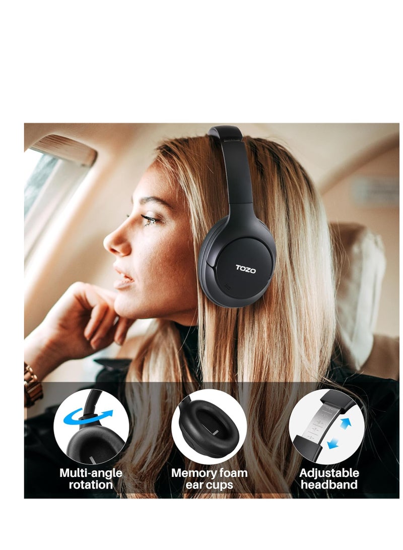 TOZO HT2 Hybrid Active Noise Cancelling Headphones, Wireless Over Ear Bluetooth Headphones, 60H Playtime, Hi-Res Audio Custom EQ via App Deep Bass Comfort Fit Ear Cups, for Home Office Travel