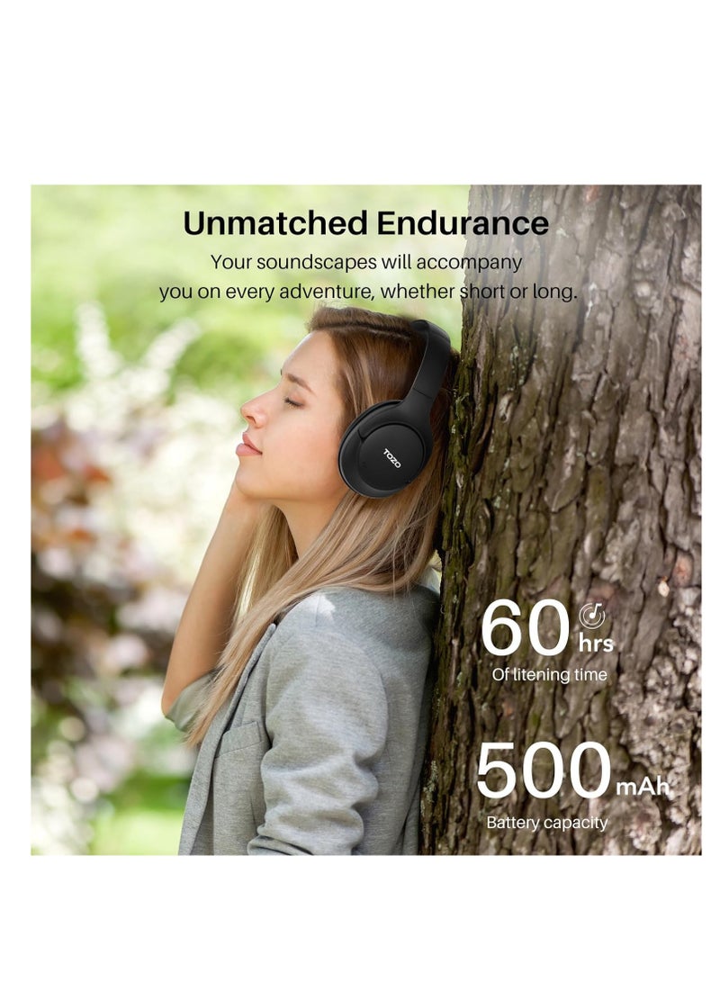 TOZO HT2 Hybrid Active Noise Cancelling Headphones, Wireless Over Ear Bluetooth Headphones, 60H Playtime, Hi-Res Audio Custom EQ via App Deep Bass Comfort Fit Ear Cups, for Home Office Travel