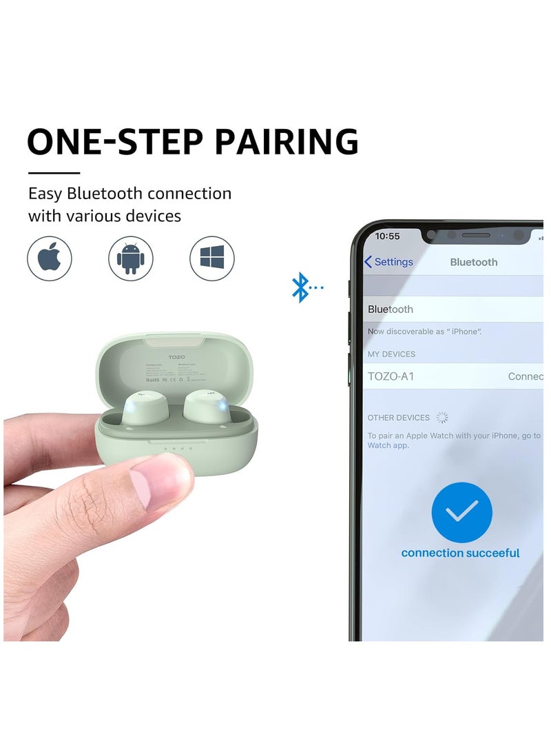TOZO A1 Mini Wireless Earbuds Bluetooth 5.3 in Ear Light-Weight Headphones Built-in Microphone, IPX5 Waterproof, Immersive Premium Sound Long Distance Connection Headset with Charging Case, Green