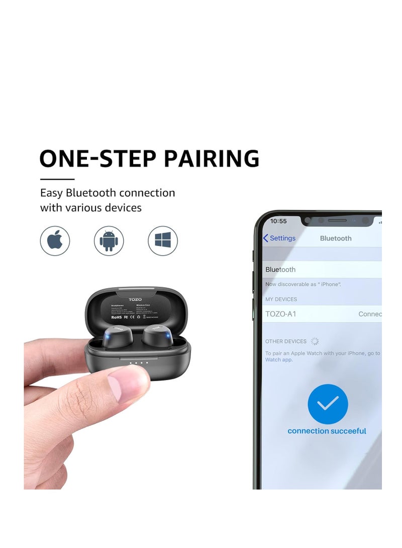 TOZO A1 Mini Wireless Earbuds Bluetooth 5.3 in Ear Light-Weight Headphones Built-in Microphone, IPX5 Waterproof, Immersive Premium Sound Long Distance Connection Headset with Charging Case, Black