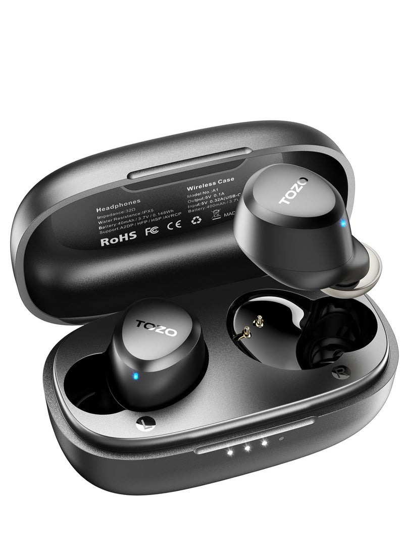 TOZO A1 Mini Wireless Earbuds Bluetooth 5.3 in Ear Light-Weight Headphones Built-in Microphone, IPX5 Waterproof, Immersive Premium Sound Long Distance Connection Headset with Charging Case, Black