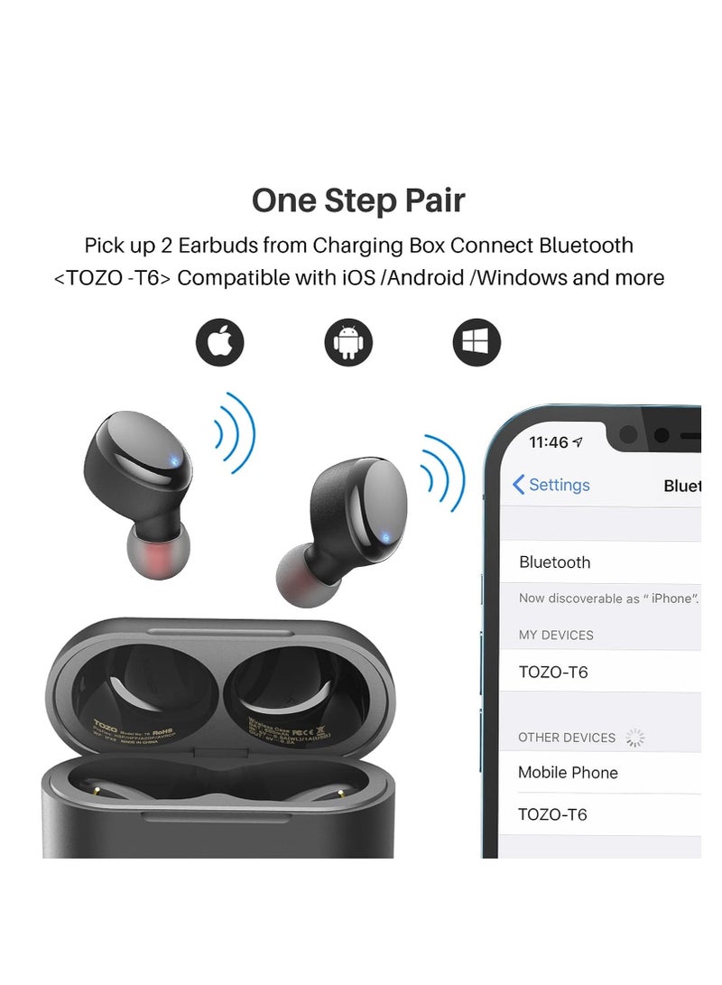 TOZO T6 (Classic Edition) True Wireless Earbuds Bluetooth 5.3 Headphones Touch Control with Wireless Charging Case IPX8 Waterproof Stereo Earphones in-Ear Built-in Mic Headset Premium Deep Bass Black