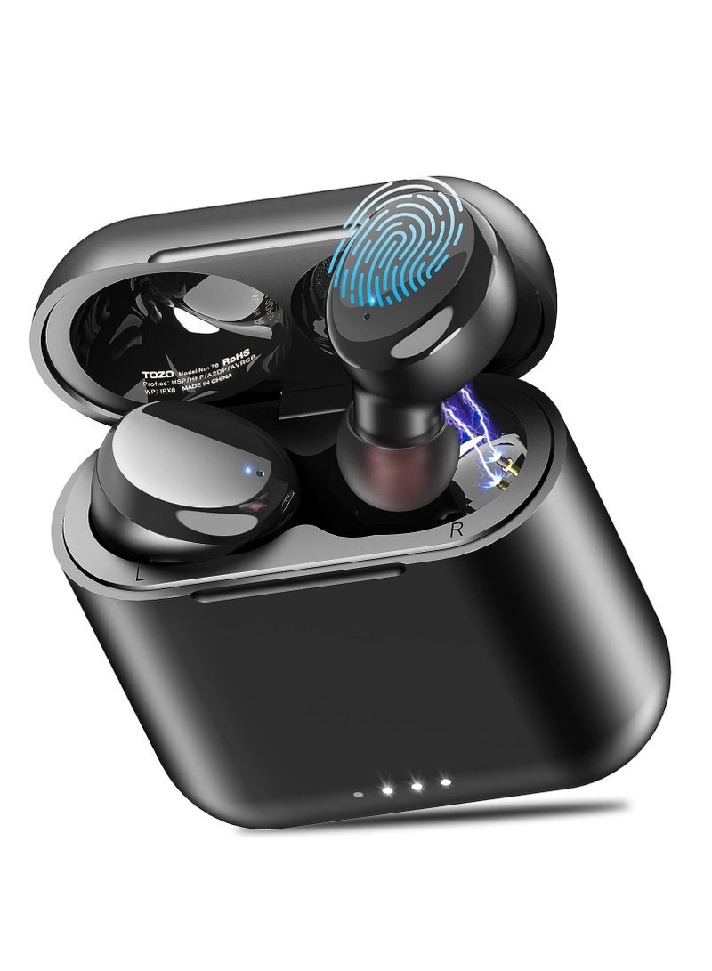 TOZO T6 (Classic Edition) True Wireless Earbuds Bluetooth 5.3 Headphones Touch Control with Wireless Charging Case IPX8 Waterproof Stereo Earphones in-Ear Built-in Mic Headset Premium Deep Bass Black