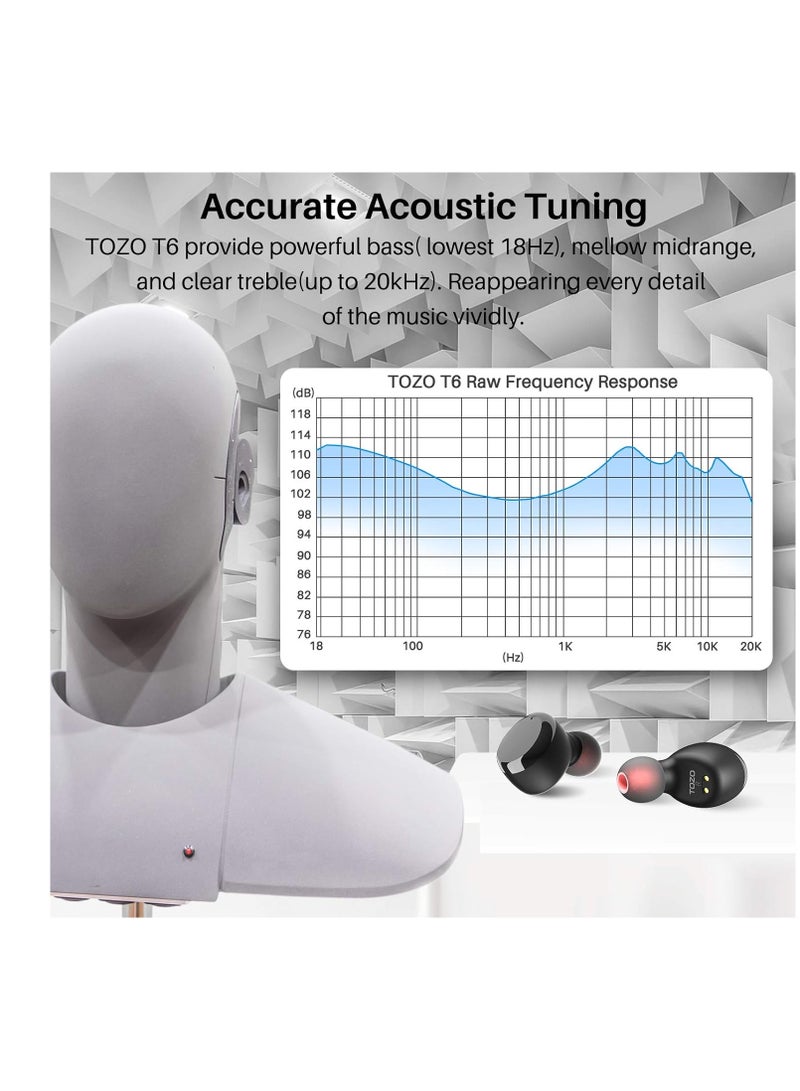 TOZO T6 (Classic Edition) True Wireless Earbuds Bluetooth 5.3 Headphones Touch Control with Wireless Charging Case IPX8 Waterproof Stereo Earphones in-Ear Built-in Mic Headset Premium Deep Bass Black