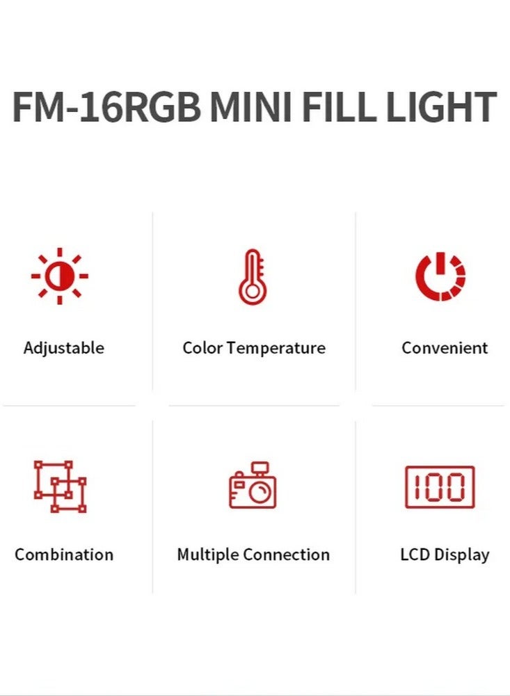 Jmary FM-16 Mini Portable Rechargeable RGB Video Fill Light with 750 mAh Built-In Lithium Battery