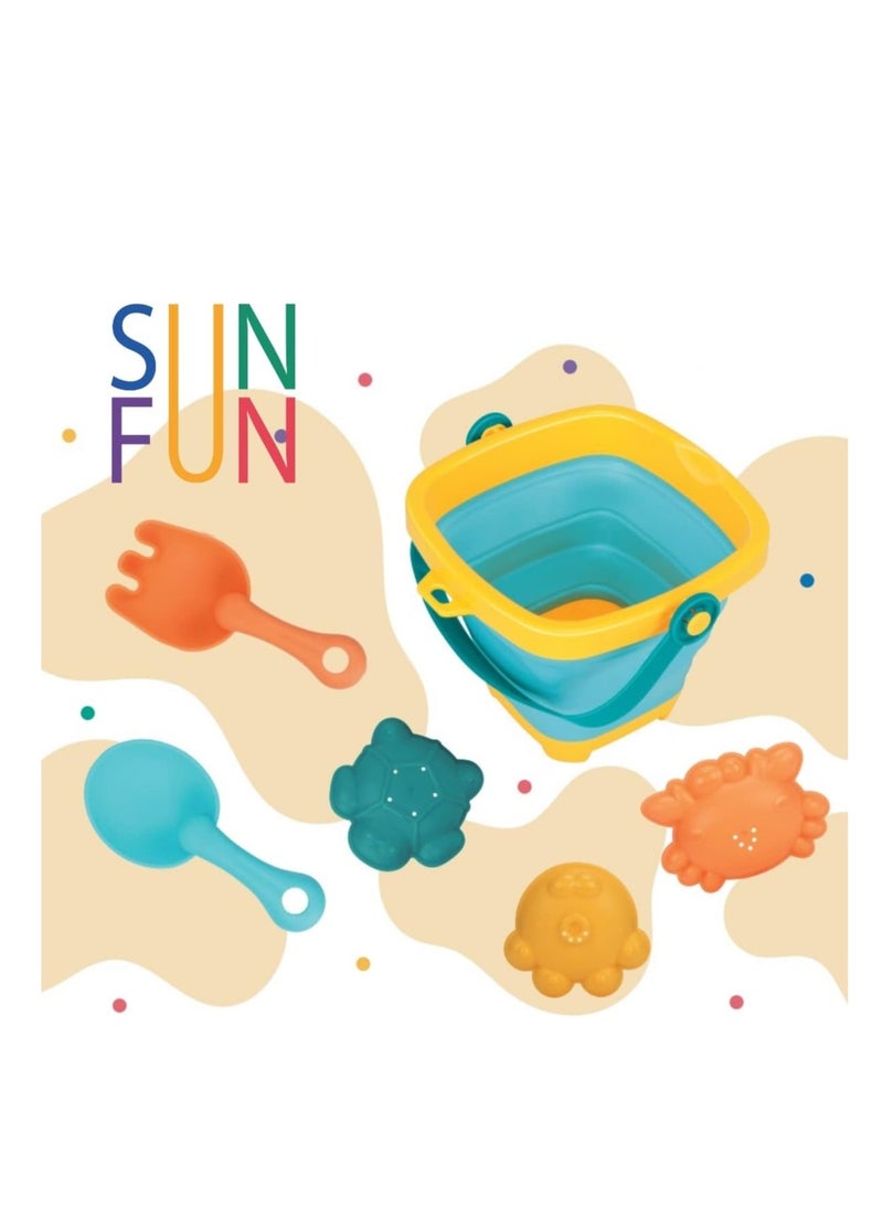 Beach Toys for Kids  Sand Toys  Folding Bucket Shovel and Sand Rake 3 Sand Molds  6 PCS Soft Rubber Toys  Sandbox Toys  Bath Toys